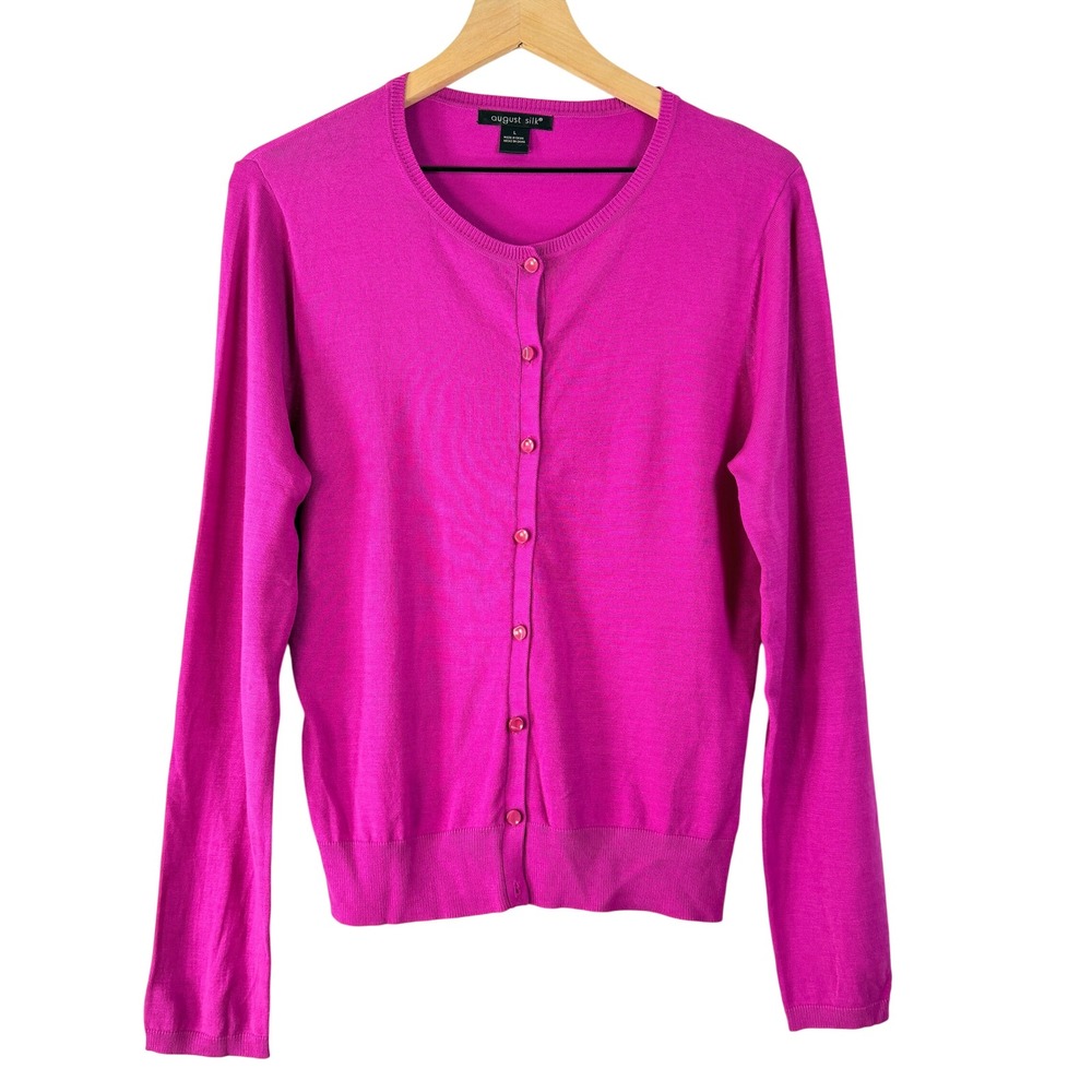 August Silk Womens Fuchsia Pink Crew Neck Long Sleeve Button Front Cardigan L